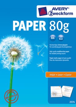 Avery Zweckform 2574 - Inkjet- und Laserdrucker Papier, weiß, A4, 80g, 500 Blatt