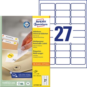 Avery Zweckform L4737REV-100 - Wiederablösbare Etiketten, 63,5 x 29,6 mm, 2700 Etiketten