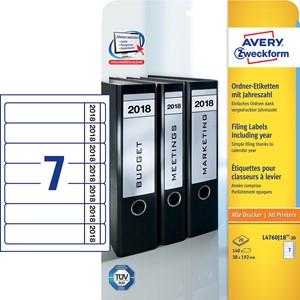 Avery Zweckform L4760J18-20 - Ordner-Etiketten mit Jahreszahl 2018, 38 x 192 mm