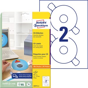 Avery Zweckform L6015-25 - CD Etiketten ClassicSize, 117 mm, 50 Etiketten, inkl. Zentrierhilfe