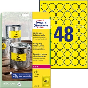 Avery Zweckform L6128-20 - Wetterfeste Folien-Etiketten, gelb, Ø 30 mm, 20 Bögen