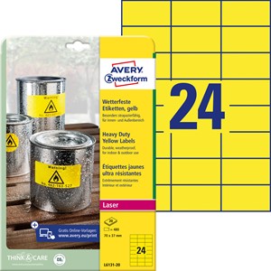 Avery Zweckform L6131-20 - Wetterfeste Folien-Etiketten, 70 x 37 mm, 20 Bögen, gelb