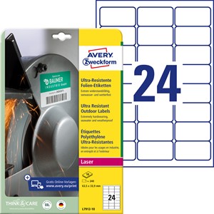 Avery Zweckform L7912-10 - Ultra-Resistente Folien-Etiketten, 63,5 x 33,9 mm, weiß
