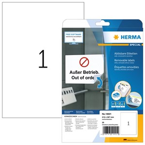 HERMA 10021 - Herma Ablösbare Etiketten, weiß, 210 x 297 mm, 25 Blatt