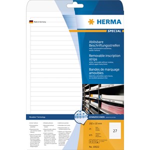 HERMA 10022 - Herma Ablösbare Etiketten, weiß, 192 x 10 mm, 25 Blatt