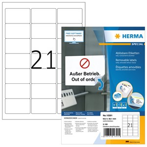 HERMA 10301 - Herma Ablösbare Adressetiketten, weiß, 63,5 x 38,1 mm, 100 Blatt