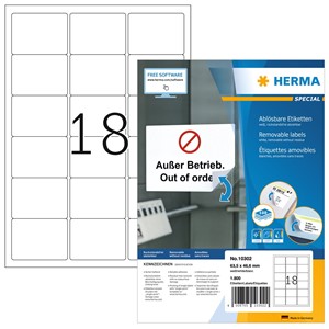 HERMA 10302 - Herma Ablösbare Etiketten, weiß, 63,5 x 46,6 mm, 100 Blatt