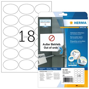 HERMA 4358 - Herma Ablösbare Etiketten, weiß, 63,5 x 42,3 mm, oval, 25 Blatt