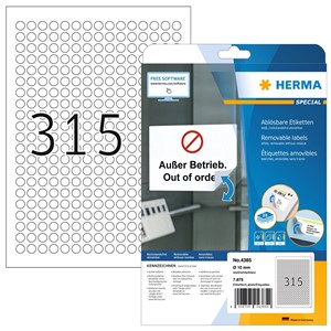 HERMA 4385 - Herma Ablösbare Etiketten, weiß, Ø 10 mm, rund, 25 Blatt