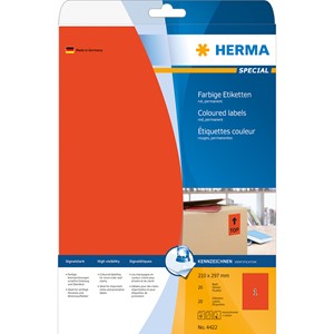 HERMA 4422 - Herma Farbige Etiketten, rot, 210 x 297 mm, 20 Blatt