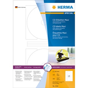 HERMA 4460 - Herma CD-Etiketten, weiß, Ø 116/18,5 mm, 100 Blatt