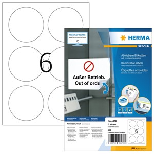 HERMA 4478 - Herma Ablösbare Etiketten, weiß, Ø 85 mm, rund, 100 Blatt