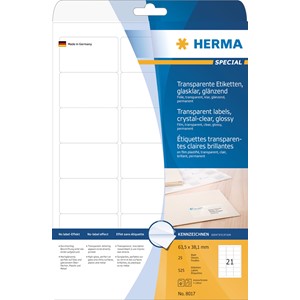 HERMA 8017 - Herma Glasklare Etiketten, glasklar transparent, 63,5 x 38,1 mm, 25 Blatt