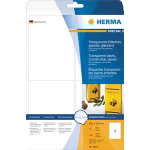 HERMA 8019 - Herma Glasklare Etiketten, glasklar transparent, 99,1 x 139 mm, 25 Blatt