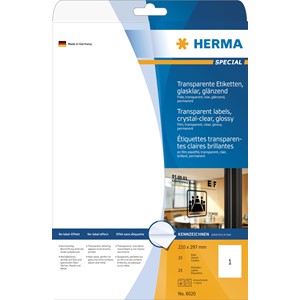 HERMA 8020 - Herma Glasklare Etiketten, glasklar transparent, 210 x 297 mm, 25 Blatt
