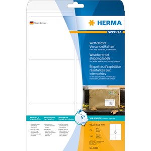 HERMA 8332 - Herma Wetterfeste Adressetiketten, weiß, 99,1 x 93,1 mm, 25 Blatt