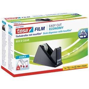 tesa 59327-00000 - film® Tischabroller Sparpack ecoLogo® schwarz inkl. 1 Rolle film® Eco & Clear 10 m x 15 mm