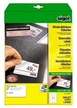 Sigel LA211 - Wiederablösbare Etiketten, weiß,  63,5x38,1 mm, 25 Bögen