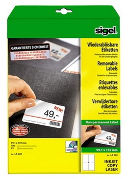 Sigel LA220 - Wiederablösbare Etiketten, weiß, 99,1x139 mm, 25 Bögen