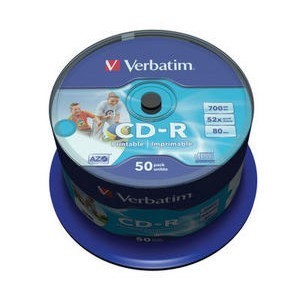 Verbatim 43309 - CD-R 700MB, 52x, Cakebox, 50er Pack, Wide Inkjet Printable - ID Branded