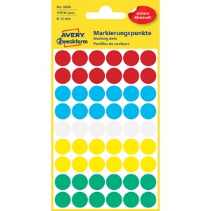Avery Zweckform 3088 - Markierungspunkte, 12 mm, 270 Etiketten, farbig sortiert