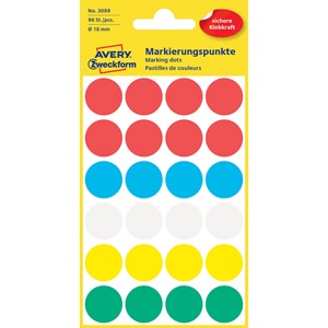 Avery Zweckform 3089 - Markierungspunkte, 18 mm, 96 Etiketten, farbig sortiert