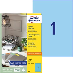 Avery Zweckform 3471 - Etiketten 210x297 mm, 100 Bögen, blau