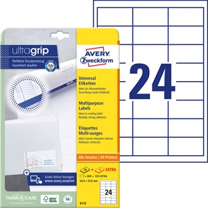 Avery Zweckform 6172 - Universal-Etiketten, 64,6 x 33,8 mm, weiß
