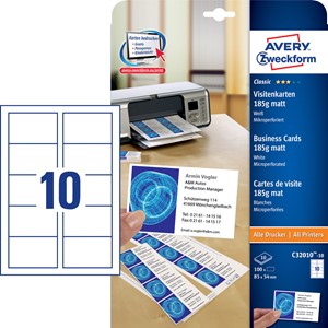 Avery Zweckform C32010-10 - Visitenkarten, mikroperforiert, weiß, 185g, 100 Karten