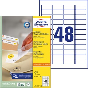 Avery Zweckform L4736REV-100 - Wiederablösbare Etiketten, 45,7 x 21,2 mm, weiß, 4800 Etiketten