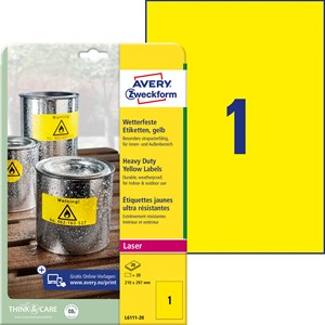 Avery Zweckform L6111-20 - Wetterfeste Folienetiketten 210x297 mm, 20 Bögen, Polyester, gelb