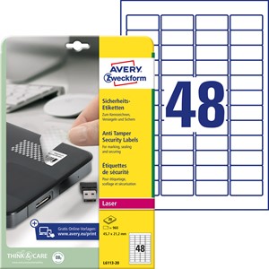 Avery Zweckform L6113-20 - Sicherheitsetiketten 45,7x21,2 mm, 20 Bögen, Polyester, weiß