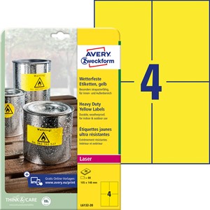 Avery Zweckform L6132-20 - Wetterfeste Folien-Etiketten, 105 x 148 mm, 20 Bögen, gelb