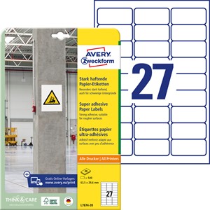 Avery Zweckform L7874-20 - Etiketten, 63,5 x 29,6 mm, weiß, stark haftend
