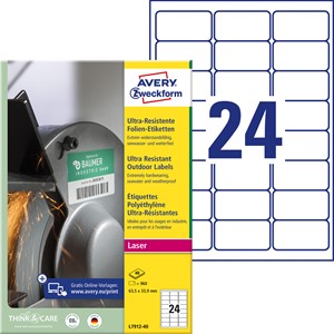 Avery Zweckform L7912-40 - Ultra-Resistente Folien-Etiketten, 63,5 x 33,9 mm, weiß