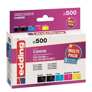 edding 18-500 - Tintenpatronen Multipack, 2 x schwarz, cyan, magenta, yellow, ersetzt Canon PGi-520Bk + CLi-521Bk/CLi-521C/CLi-521M/CLi-521Y