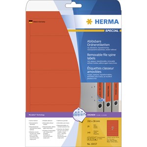 HERMA 10157 - Herma Ablösbare Ordneretiketten, rot, 192 x 38 mm, schmal/kurz, 20 Blatt
