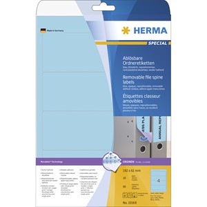 HERMA 10168 - Herma Ablösbare Ordneretiketten, blau, 192 x 61 mm, breit/kurz, 20 Blatt
