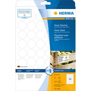 HERMA 10915 - Herma Power Etiketten, weiß, Ø 30 mm, 25 Blatt