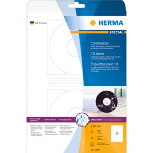 HERMA 4849 - Herma Inkjet CD-Etiketten, weiß, Ø 116/41 mm, 25 Blatt