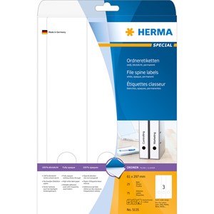 HERMA 5135 - Herma Ordner-Etiketten, weiß, 61 x 297 mm, 25 Blatt