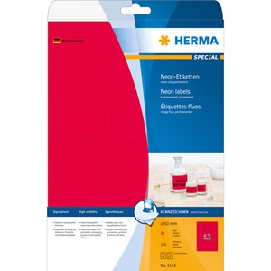 HERMA 5156 - Herma Neon-Etiketten, neon-rot, Ø 60 mm, 20 Blatt