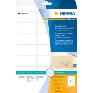HERMA 8670 - Adressetiketten, transparent, 63,5x38,1 mm, 25 Blatt