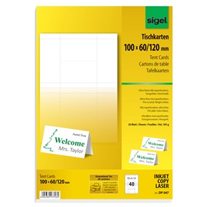 Sigel DP047 - Tischkarten, Edelkarton hochweiß, 100x 60/120 mm