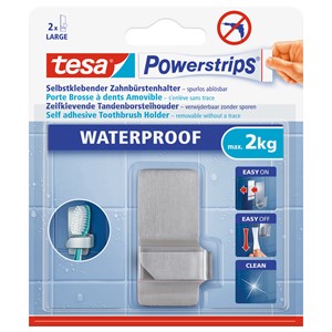 tesa 59708-00000 - Powerstrips® Waterproof Metall Zahnbürstenhalter Zoom, Edelstahl